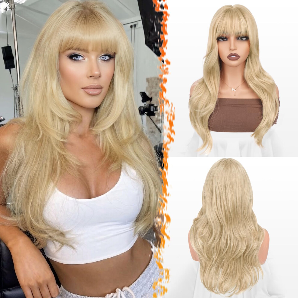 Unisex 26 Inch Long Wavy Wig With Bangs And 20 Inch Layered Synthetic Wig For Women
