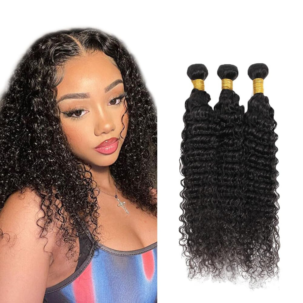 Deep Wave Human Hair Bundles Virgin Unprocessed 3pcs 12â14â16 Inch Natural Black TrueâtoâLength Volume