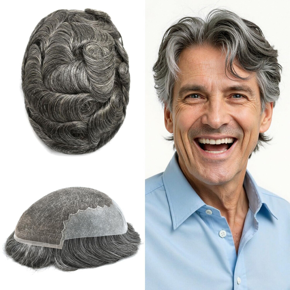 Unisex Men's Hair System Toupee Human Hair Replacement With French Lace Poly Perimeter Natural Hairline 6'X8' #1B60 Medium Density