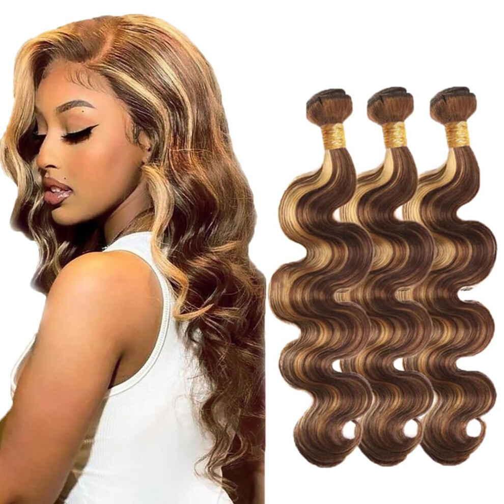 Unisex Brown P4/27 Highlight Blonde Body Wave Hair Bundles Brazilian Virgin Human Hair Extensions 20 20 20 Inch Tangle Weft Longlasting Volume