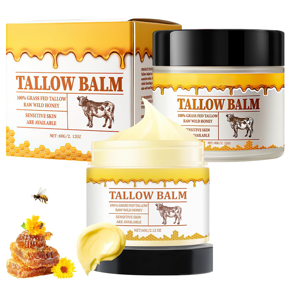 Beef Tallow Balm with Wild Honey, Whipped Deep Hydration Moisturizer for Face and Body, 2 Pcs 60g