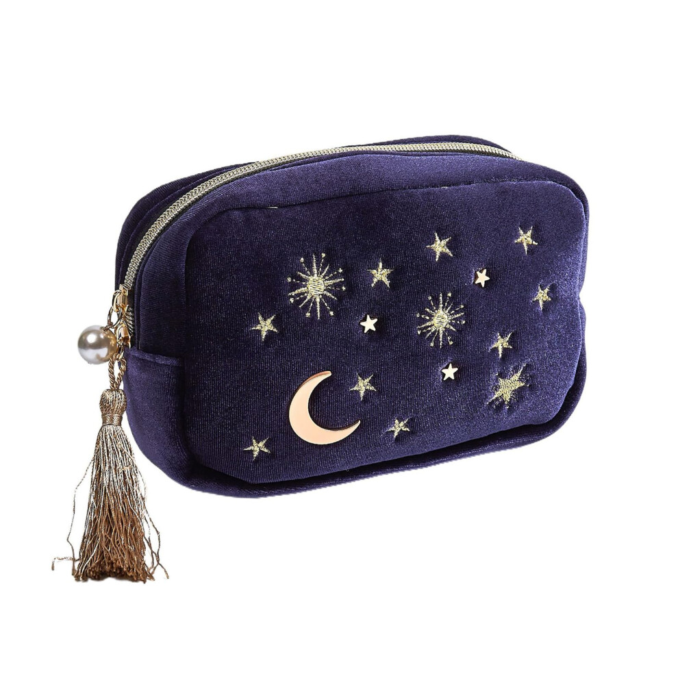 Velvet Makeup Bag Navy Embroidered Moon Stars with Tassel Pearl Zipper Small Travel Cosmetic Pouch
