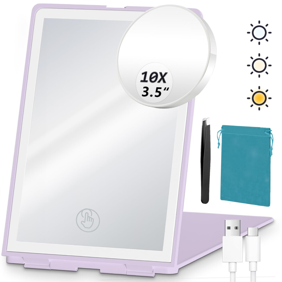 Travel Makeup Mirror with 72 LED Lights, Rechargeable, Foldable, 10X Magnifier, Touch Control