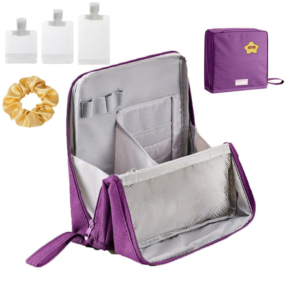 Purple Large Capacity Waterproof Makeup Bag With Compartments, Oxford Travel Toiletry Organizer