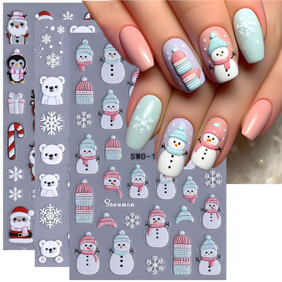 Christmas Nail Stickers 5D Embossed Deer Snowflake Tree Nail Art Decals for Women 3Pcs