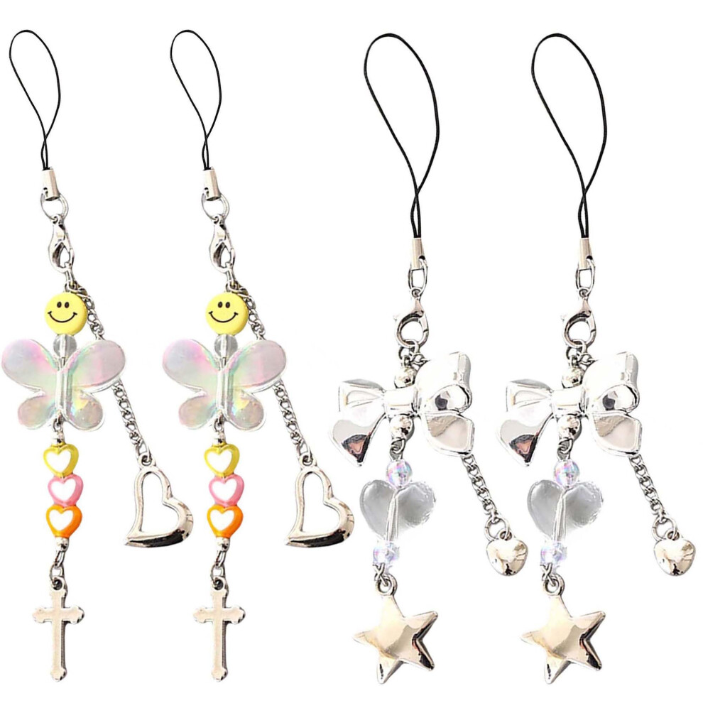 4Pcs Beaded Phone Charm Keychain With Star Butterfly Heart Beads, Cute Phone Strap For Bag And Camera 9044945208238