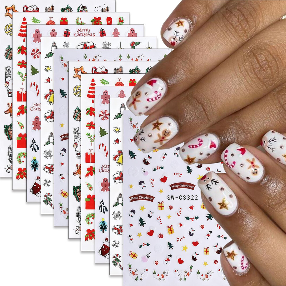 10 Sheets Christmas Nail Stickers 3D SelfAdhesive Decals Gingerbread Tree Santa Stars for Women