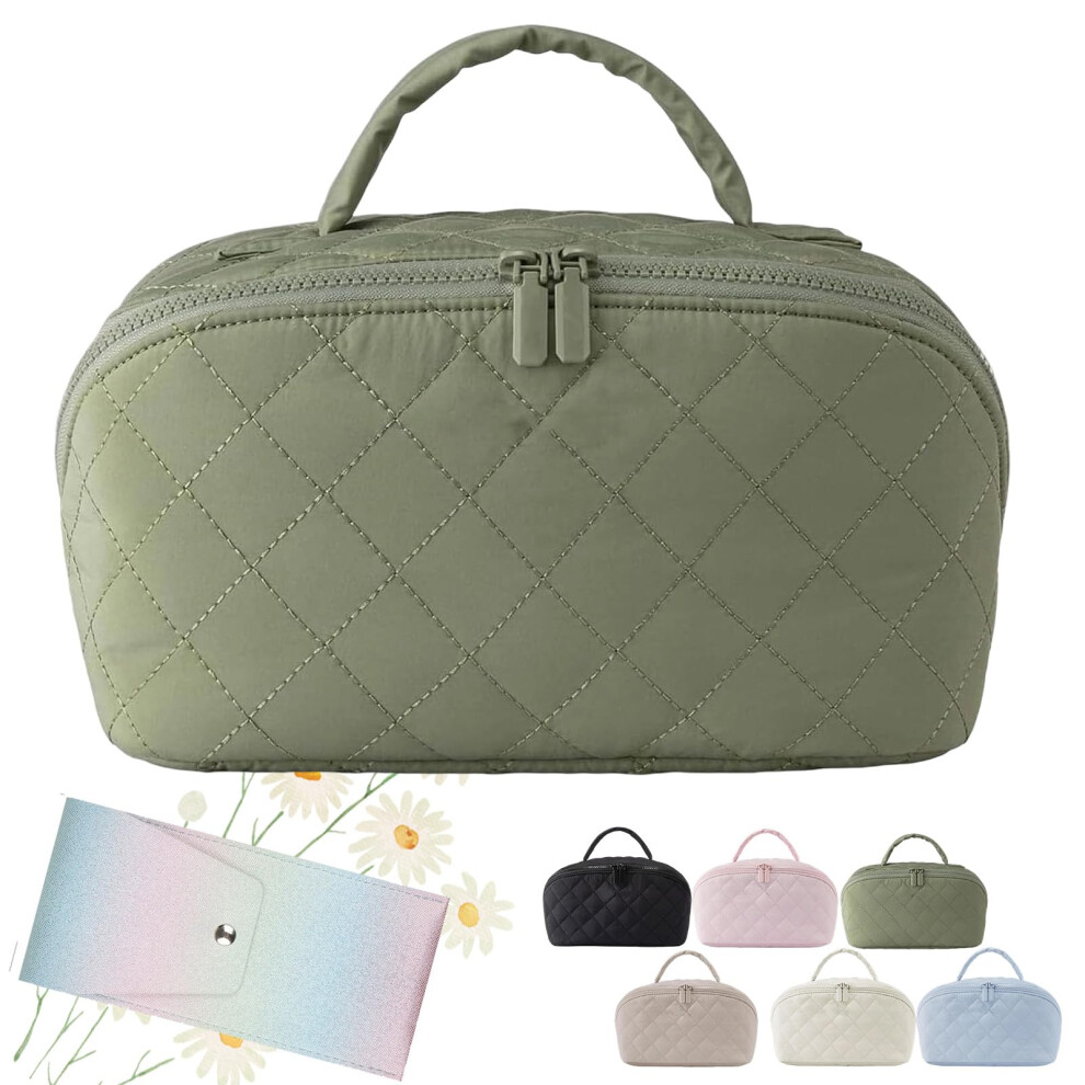 Travel Makeup Bag Large Capacity Waterproof PU Leather Lay Flat Organizer with Brush Compartment Green