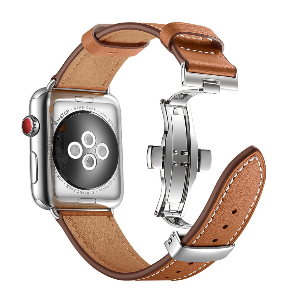 Leather Band 49Mm Strap With Secure Butterfly Clasp For Apple Watch Ultra Series 9 8 7 Brown 9099447335463