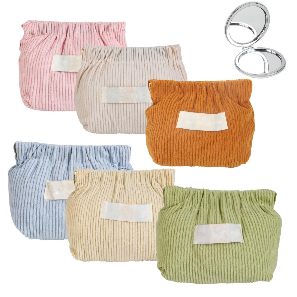 Corduroy Makeup Bag Set with Folding Mirror, Compact Travel Cosmetic Pouch Organizer, 6Piece