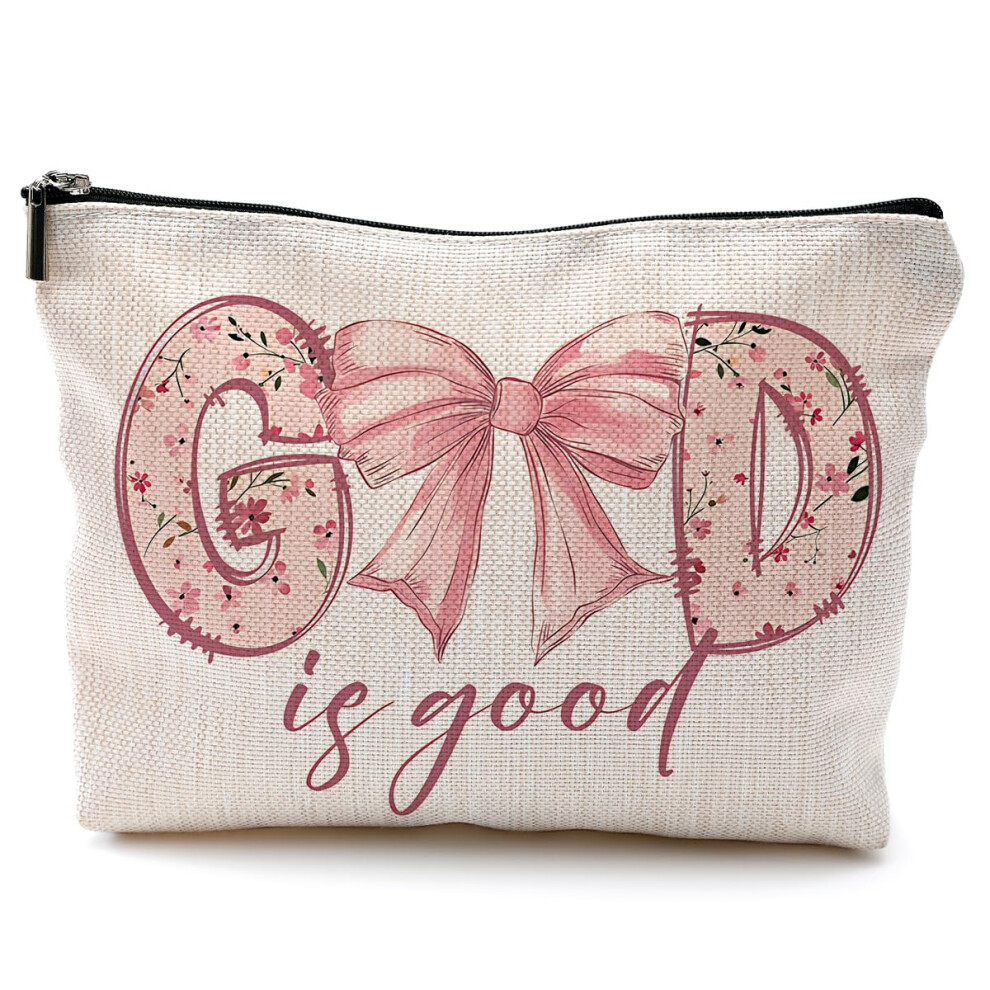 Pink Christian Makeup Bag For Women With Bow, Travel Cosmetic Organizer With Spacious Compartments