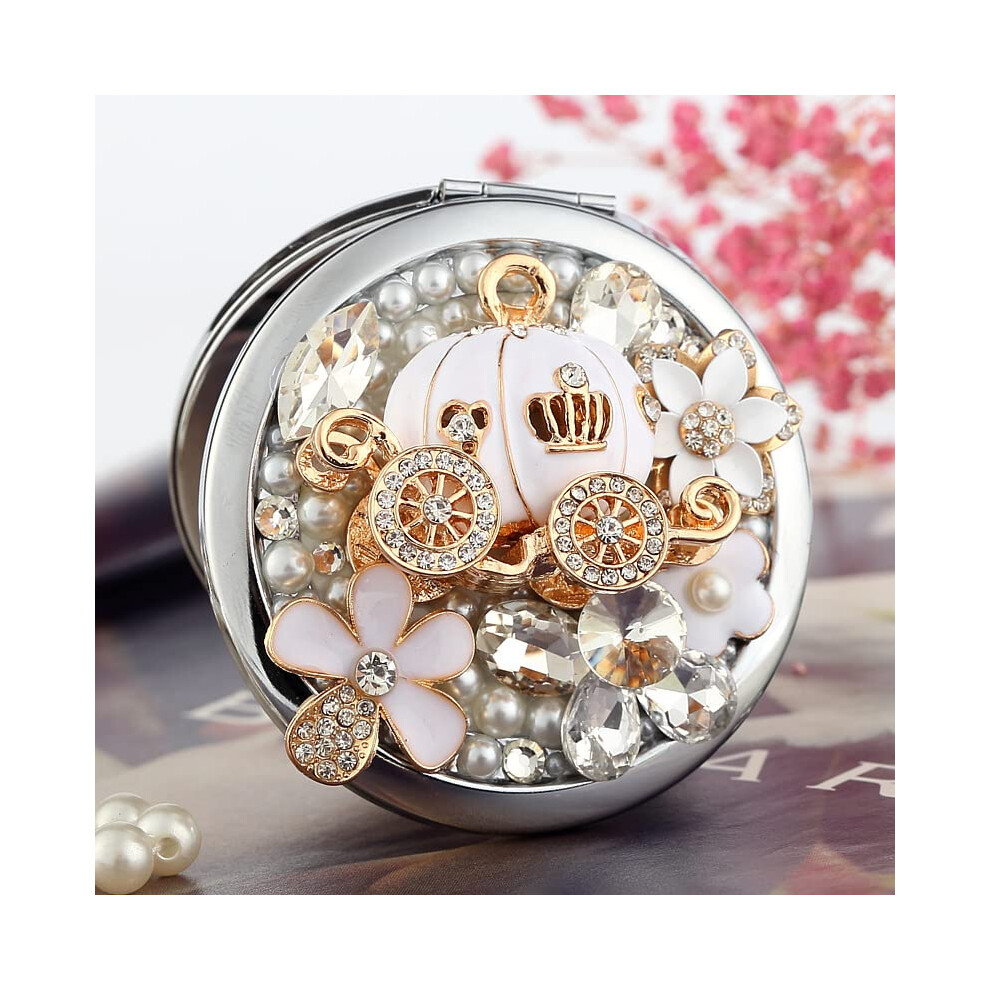 Compact Makeup Mirror with 1x and 2x DualSided Magnification, Handpainted Enamel, Crystal Pearl Travel Pocket for Women