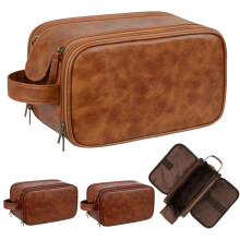 Men's Toiletry Bag Waterproof PU Leather Dopp Kit Double Layer Organizer with Handle Yellowish Brown