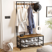 Retro Hallway Coat Rack with Shoe Bench | 12 Hooks & 3-Tier Storage