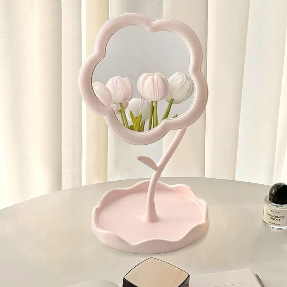 Pink FlowerShaped Makeup Mirror with 360 Rotation and Tray for Desk Bedroom Vanity Decor