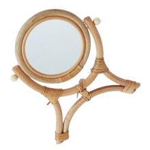 Vanity Mirror with Adjustable Angle, Vintage Rattan Frame, Tripod Stand for Desk or Bedroom