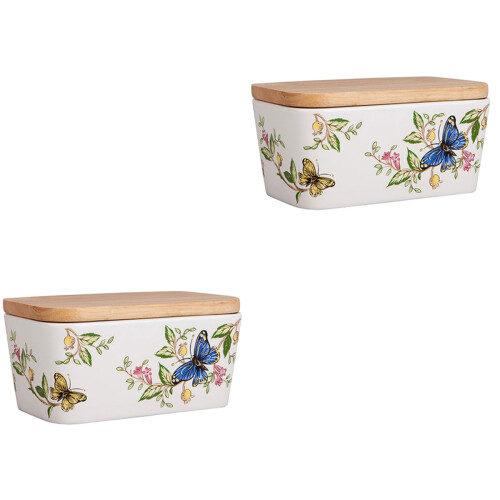 2 Pcs Ceramic Butter Box Container For Fridge Rustic Dish With Lid 2