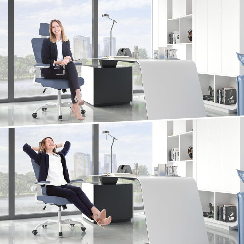 (Blue and White)Swivel Computer Chair with Rocking Function 1