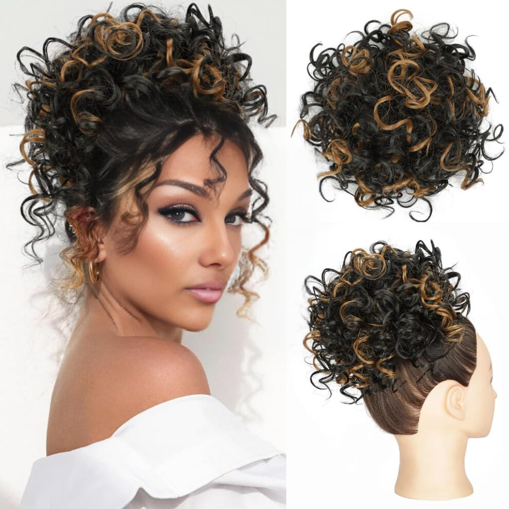 Unisex Black,Brown Messy Bun Hair Piece With Natural Loose Waves, Black Brown Synthetic Drawstring Bun For Voluminous Updo