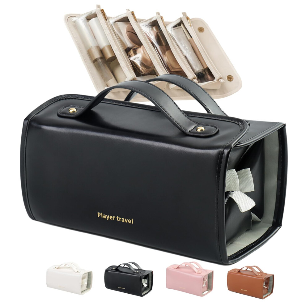 Leather Waterproof Travel Makeup Bag with 4 Detachable Compartments, Foldable Hanging Organizer, Black