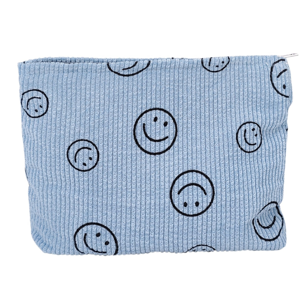 Blue Corduroy Makeup Bag For Women With Smiley Face, Travel Cosmetic Pouch With Zipper, Toiletry Organizer