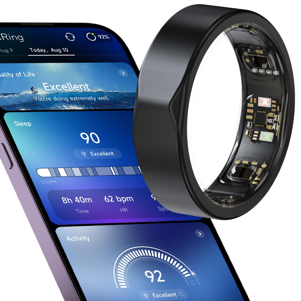 AI Smart Ring Gen4 Titanium Health Tracker with Heart and Sleep Monitor, App for iOS and Android (Black Size 9)