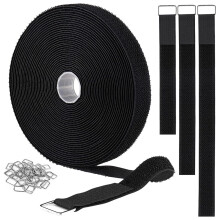 32ft x 1in Adjustable Hook and Loop Straps with 50 Buckles, CuttoLength Reusable Cord Ties, Black