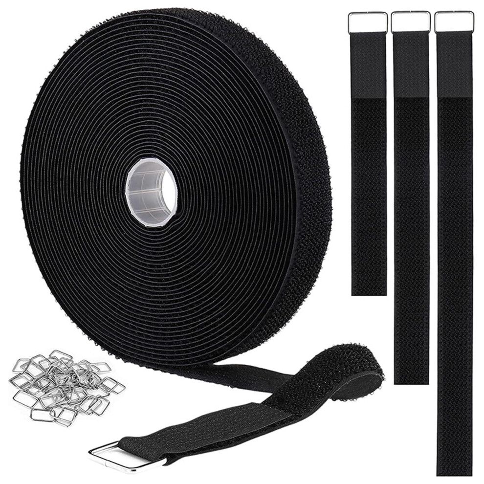 32Ft X 1In Adjustable Hook And Loop Straps With 50 Buckles, Cuttolength Reusable Cord Ties, Black 9044945213058