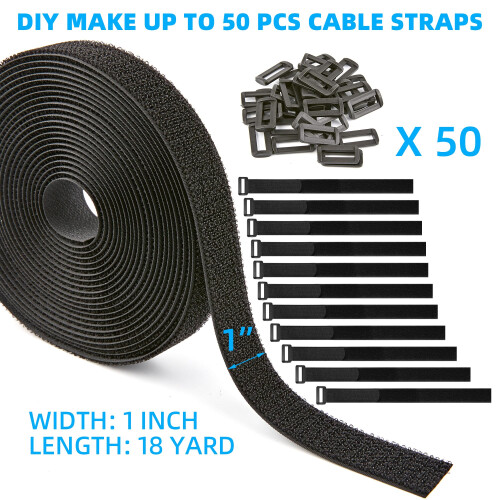Reusable Cable Ties Roll with 50 Buckles, CuttoLength Nylon Hook and Loop Straps for Organization 1