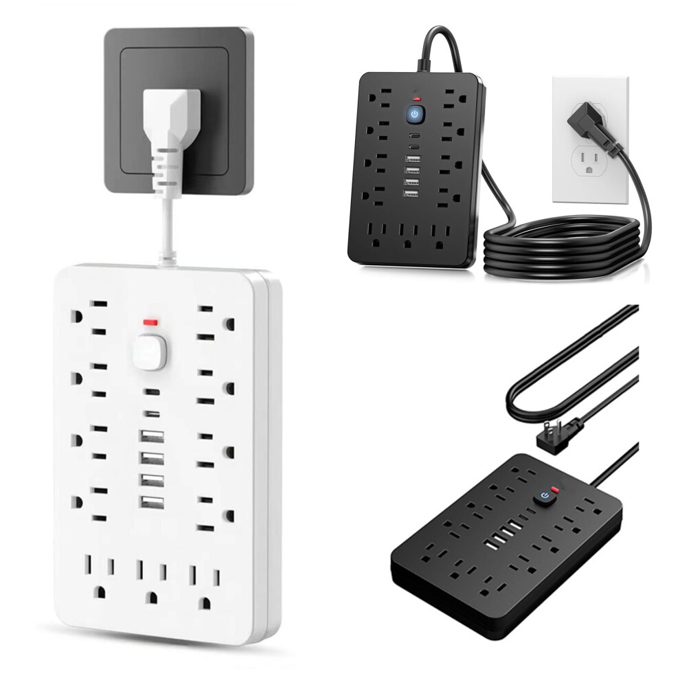 17 In 1 Power Strip Surge Protector With 11 Outlets, 4 Usb And 2 Typec Ports, Flat Plug Extension Cord, Wall Mount For Home Office (White) 9099447341341