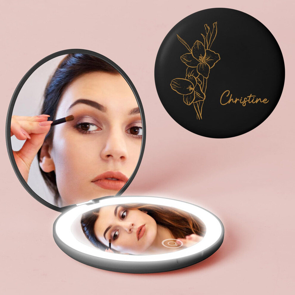 Rechargeable LED Compact Mirror with Custom Name and Birth Flower, 1x/10x Magnification Travel Size