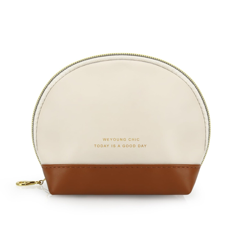 Small PU Leather Makeup Bag with Handle, Compact Travel Cosmetic Organizer Pouch Beige S01