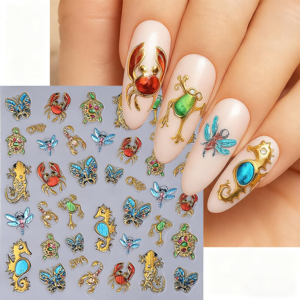 5D Embossed Luxury Nail Art Stickers with Butterfly Seahorse Crab Turtle Designs for DIY Manicure