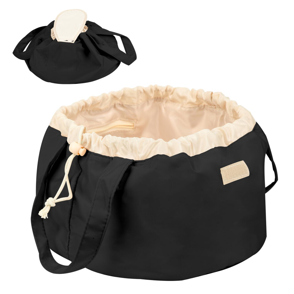 Black Large Capacity Waterproof Drawstring Makeup Bag For Women With Large Opening And Lay Flat Design Â