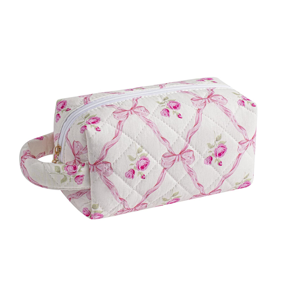 Floral Makeup Bag with Handle, Large Capacity Travel Cosmetic Organizer for Women, Pink Bowknot Rose