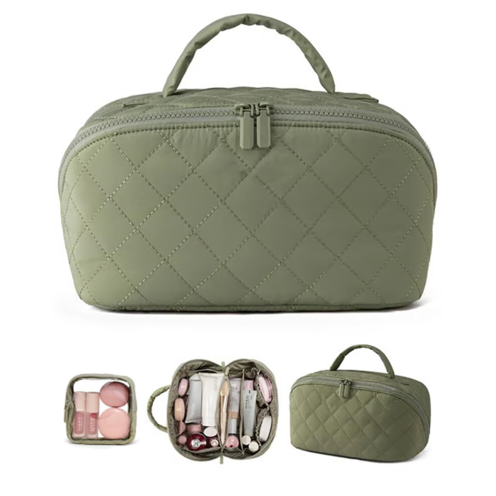 Green Waterproof Layflat Makeup Bag For Women With 5 Compartments, Washable Puffy Cosmetic Organizer
