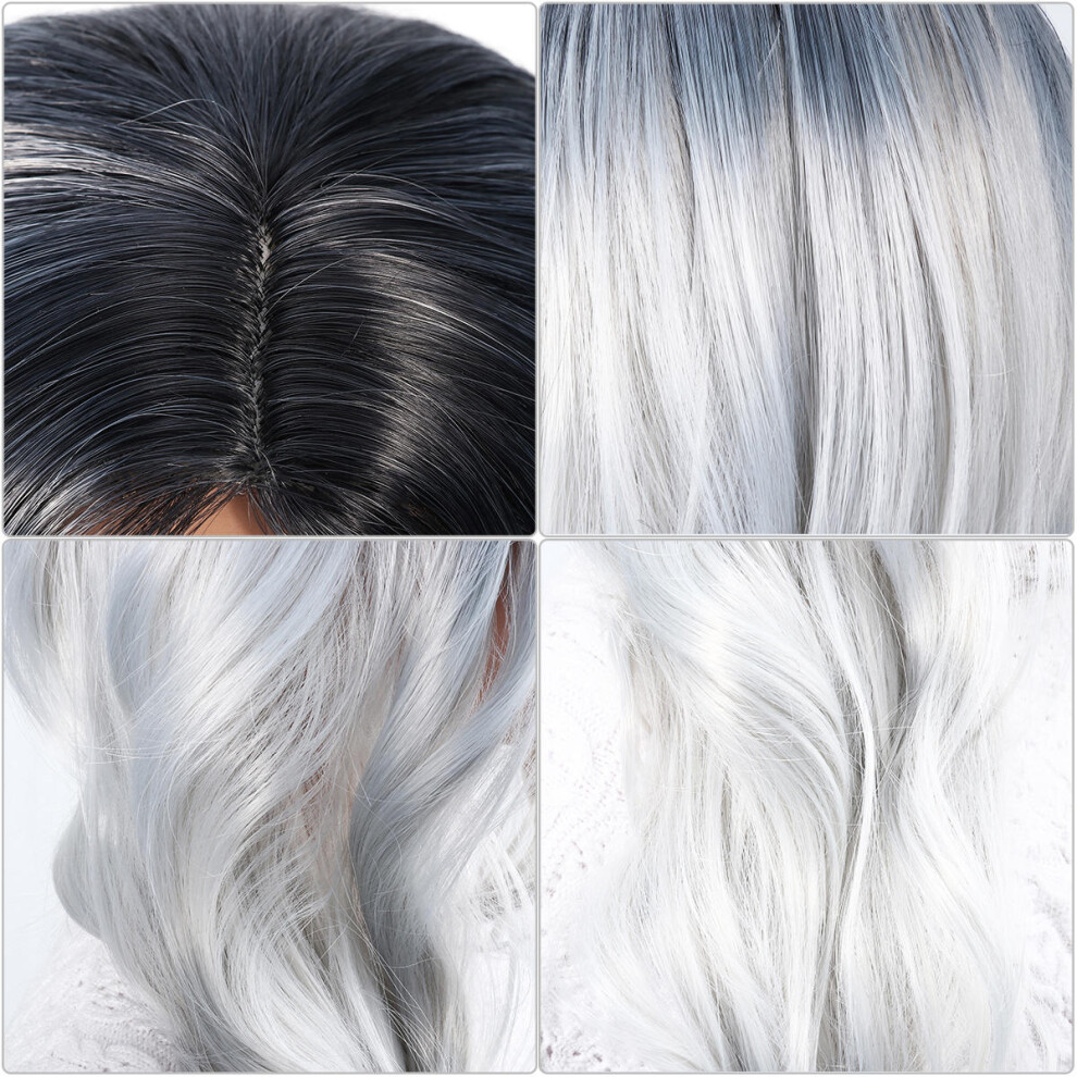 Solustre Unisex Grey 2Pcs Synthetic Long Curly Wig Women Cosplay Hair Accessory