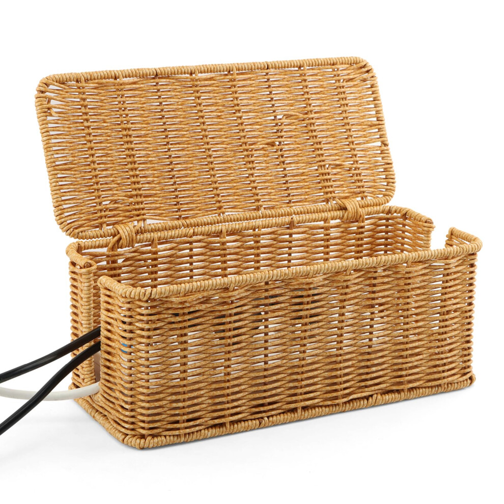 Handwoven Rattan Cable Management Box With Lid, Under Desk Cord Organizer For Power Strip, Stylish Cable Clutter Hider 9099447343161