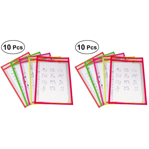 20Pcs Reusable Dry Erase Pockets Assorted Colors and Wipe 1