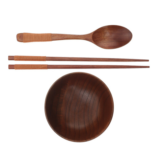 2Pcs Wood Rice Soup Bowls Dark Brown Portable Tableware Set 2