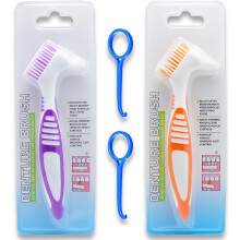 Denture Brush Dual Head False Teeth Cleaning Brush with Soft Bristles Ergonomic Handle Purple Orange
