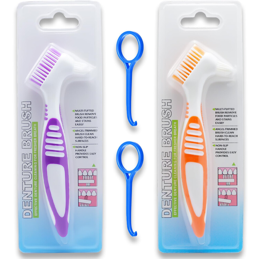 Purple/Orange Denture Brush Dual Head False Teeth Cleaning Brush With Soft Bristles Ergonomic Handle