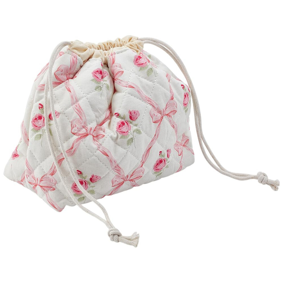 Pink Quilted Cotton Makeup Bag With Drawstring, Canvas Lined Cosmetic Organizer With Bow For Travel