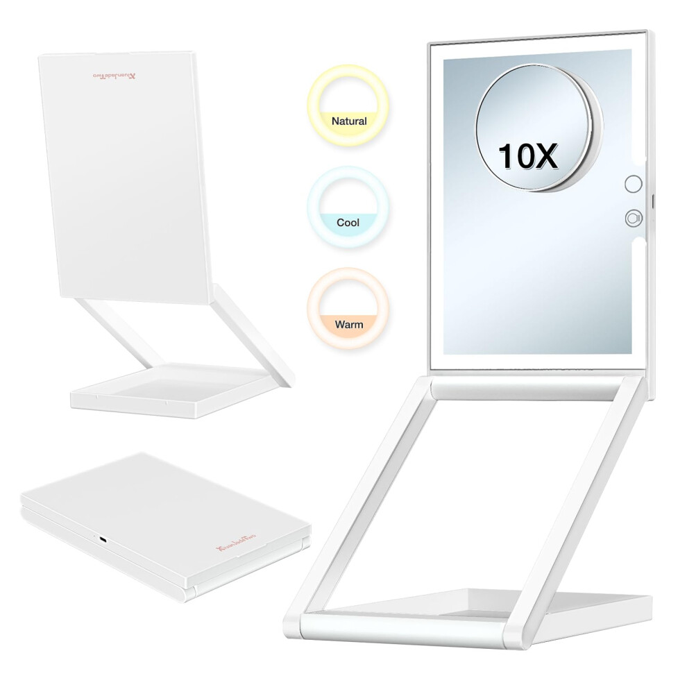 Light Ed Makeup Mirror With 10X Magnification, 3 Color Dimmable Led, Usb Rechargeable, Folding Design