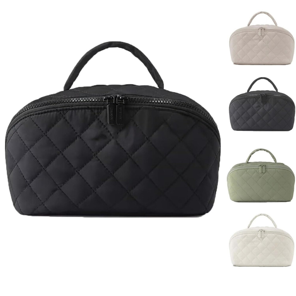 Black Large Capacity Waterproof Pu Leather Travel Makeup Bag For Women With Layflat Compartments