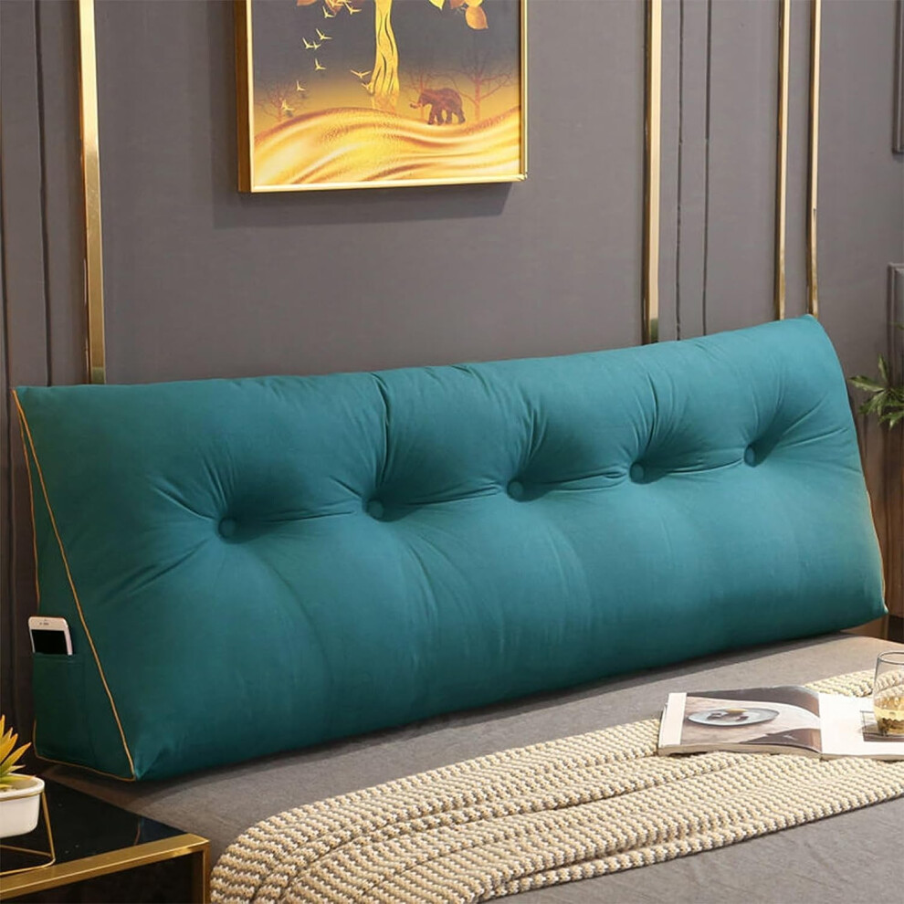 Blue Bed Reading Pillow Wedge Headboard Cushion, Large Triangle Backrest With Ergonomic Support, Removable Velvet Cover, Dual Side Pockets, 100X50x20