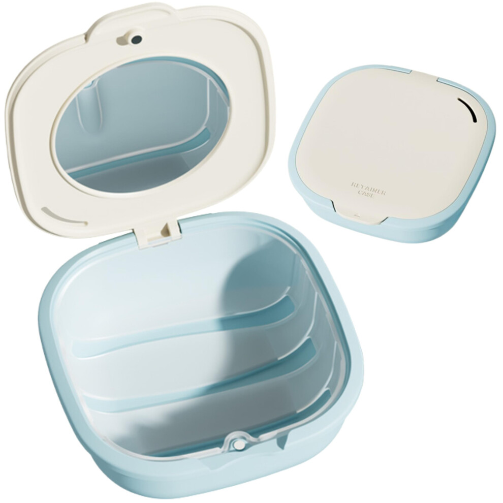 Beige/Blue Retainer Case With Mirror And Vent Holes, Slim Magnetic Closure Aligner Case For Invisalign, And