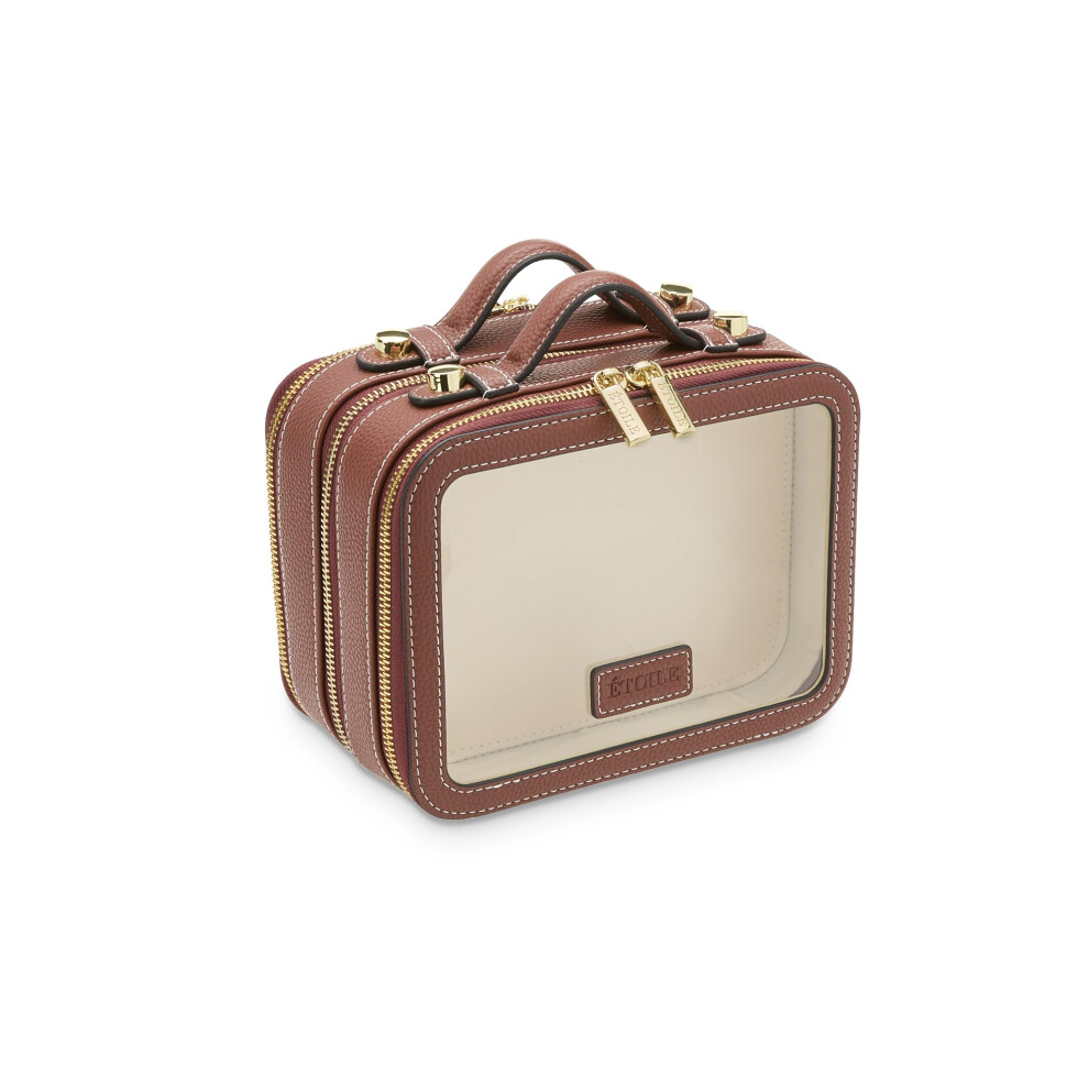 Brown Small Ginger Dual Compartment Cosmetic Bag Travel Makeup Organizer In Vegan Leather