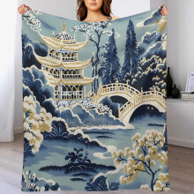 Blue and White Chinoiserie Pagoda Fleece Throw Blanket 50x60 Soft Fluffy Winter Warm Couch Decor for Adults