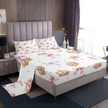 Pink Fitted Sheet Set Full Size 4 Pcs, 3D Princess Pattern Bedding for Teen Girls, Deep Pocket, Easy Care